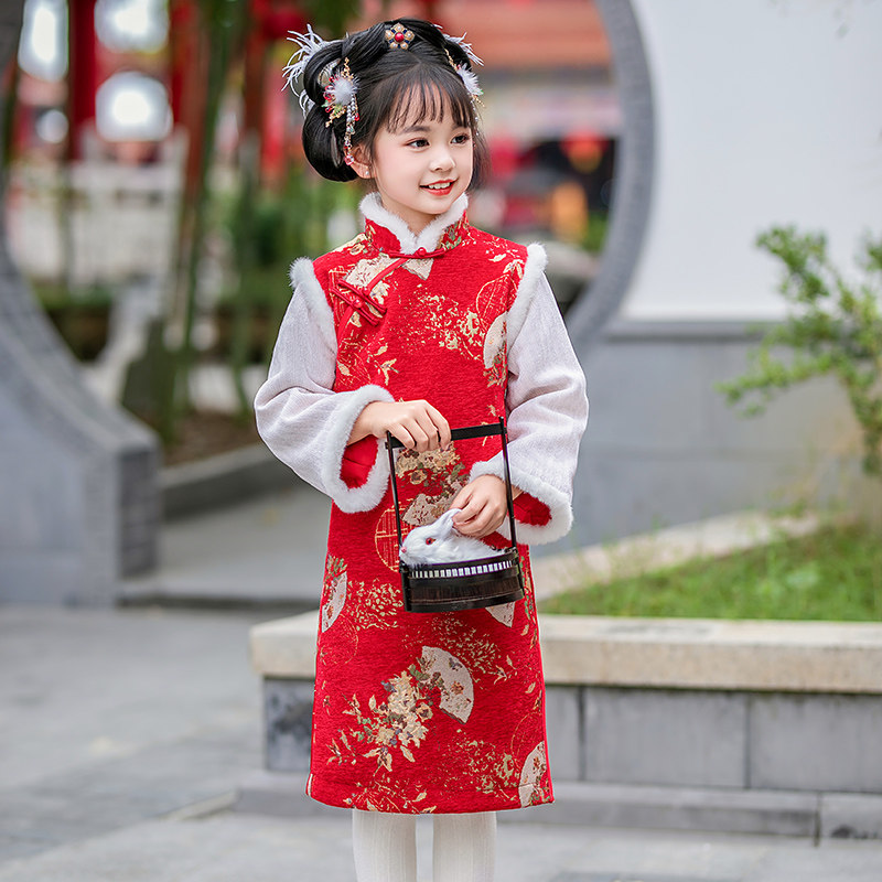 女孩红色旗袍唐装拜年服新年装冬季中国风女童长袖喜庆过年连衣裙