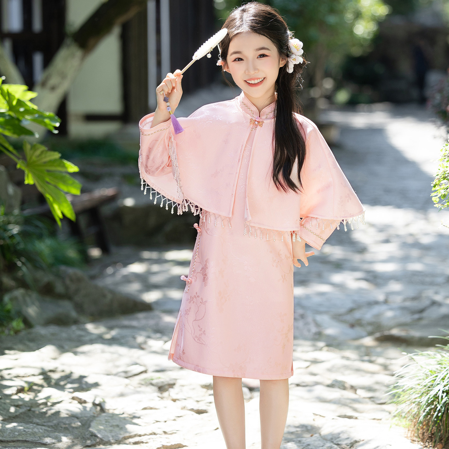 女童旗袍粉色春秋2026新中式汉服