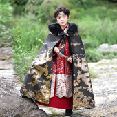 高端男童披风秋冬季 中国风汉服披肩加厚保暖黑色连帽斗篷外搭 长款