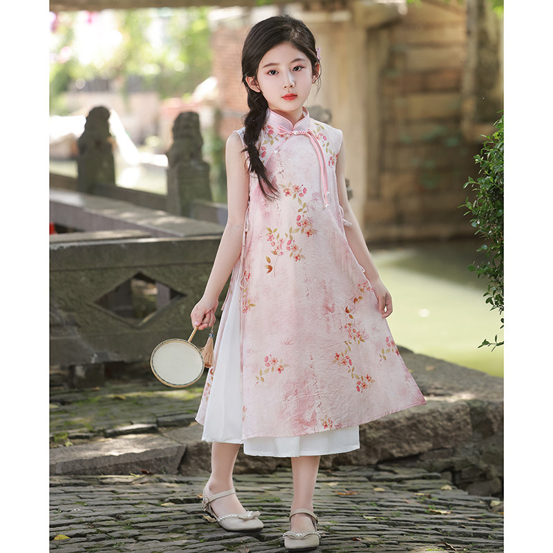 旗袍新中式女大童粉色中国风奥黛连衣裙夏季小女孩演出服日常可穿