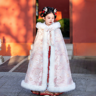 女童斗篷披风粉色秋冬款加绒加厚保暖防寒外套国风古装连帽披肩