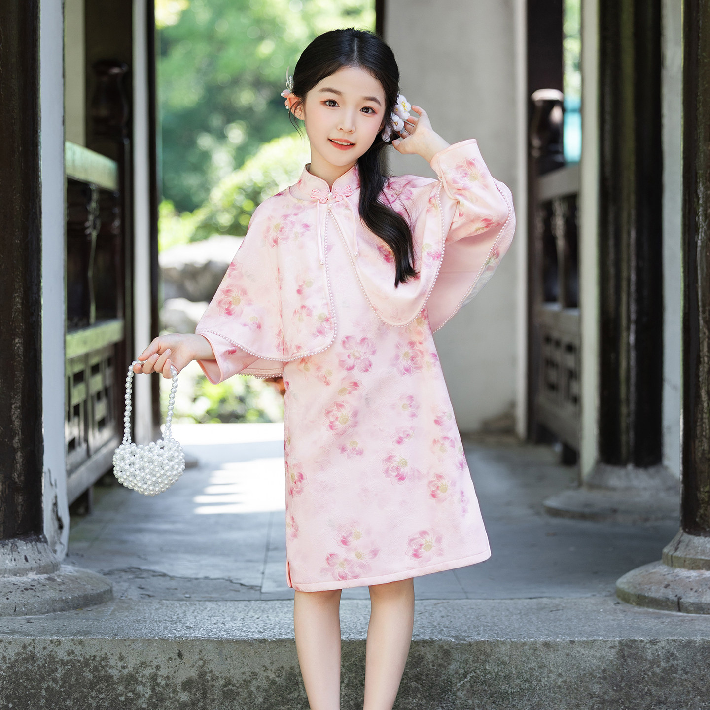 女童春秋款新中式披肩旗袍连衣裙