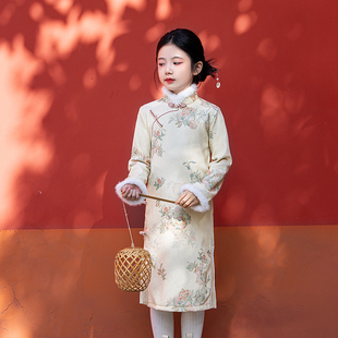 女童新中式旗袍秋冬款加绒保暖儿童唐装拜年服公主裙洋气日常可穿