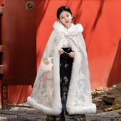 连帽披肩 加绒加厚保暖儿童防寒国风古装 女童斗篷披风长款 蓝色冬款