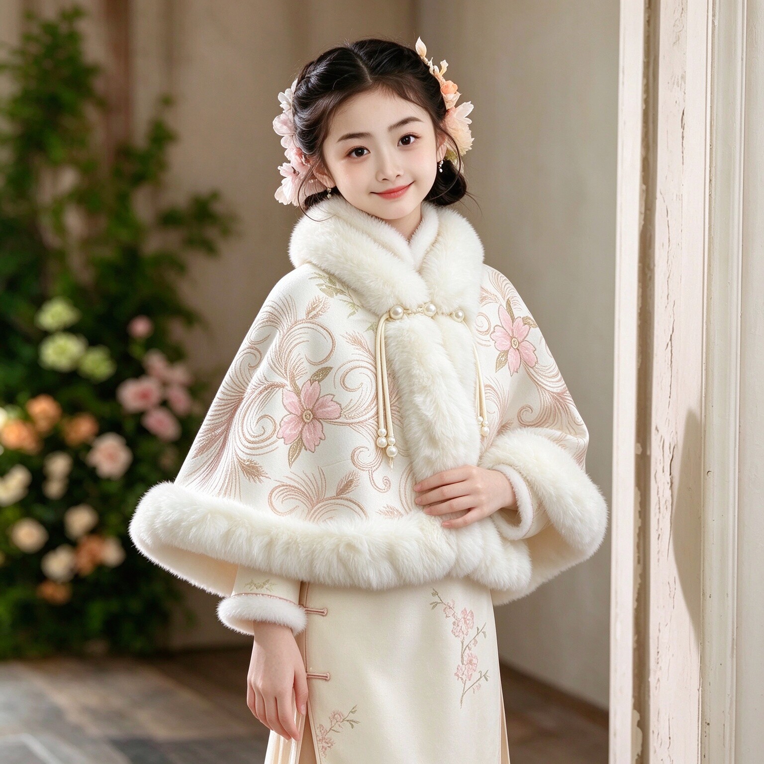 粉色刺绣女童新中式冬季保暖斗篷