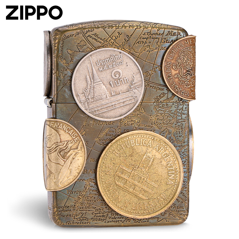 打火机Zippo正版天下宝藏1941复刻 硬币贴章外壳芝宝防风煤油复古