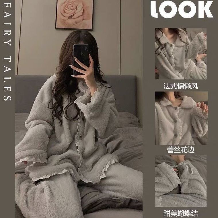 ins珊瑚绒睡衣女秋冬甜美开衫网红蕾丝花边法兰绒学生家居服套装
