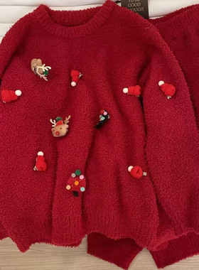 甜美可爱珊瑚绒睡衣女冬季红色小鹿保暖半边绒休闲宽松家居服套装
