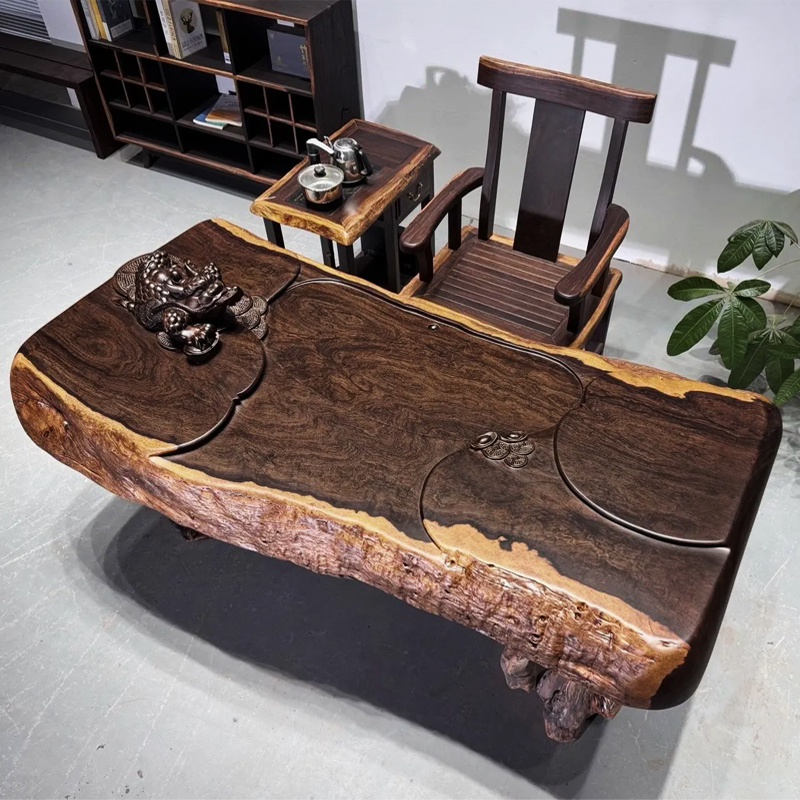 黑檀木茶桌实木阳台小茶台雕刻茶几一体客厅家用办公喝茶桌套装