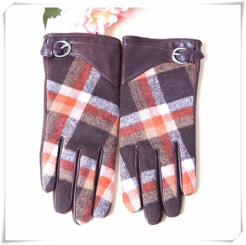 WARWEN 秋冬新款女真皮手套进口羊皮时尚毛呢加绒保暖触屏手套200