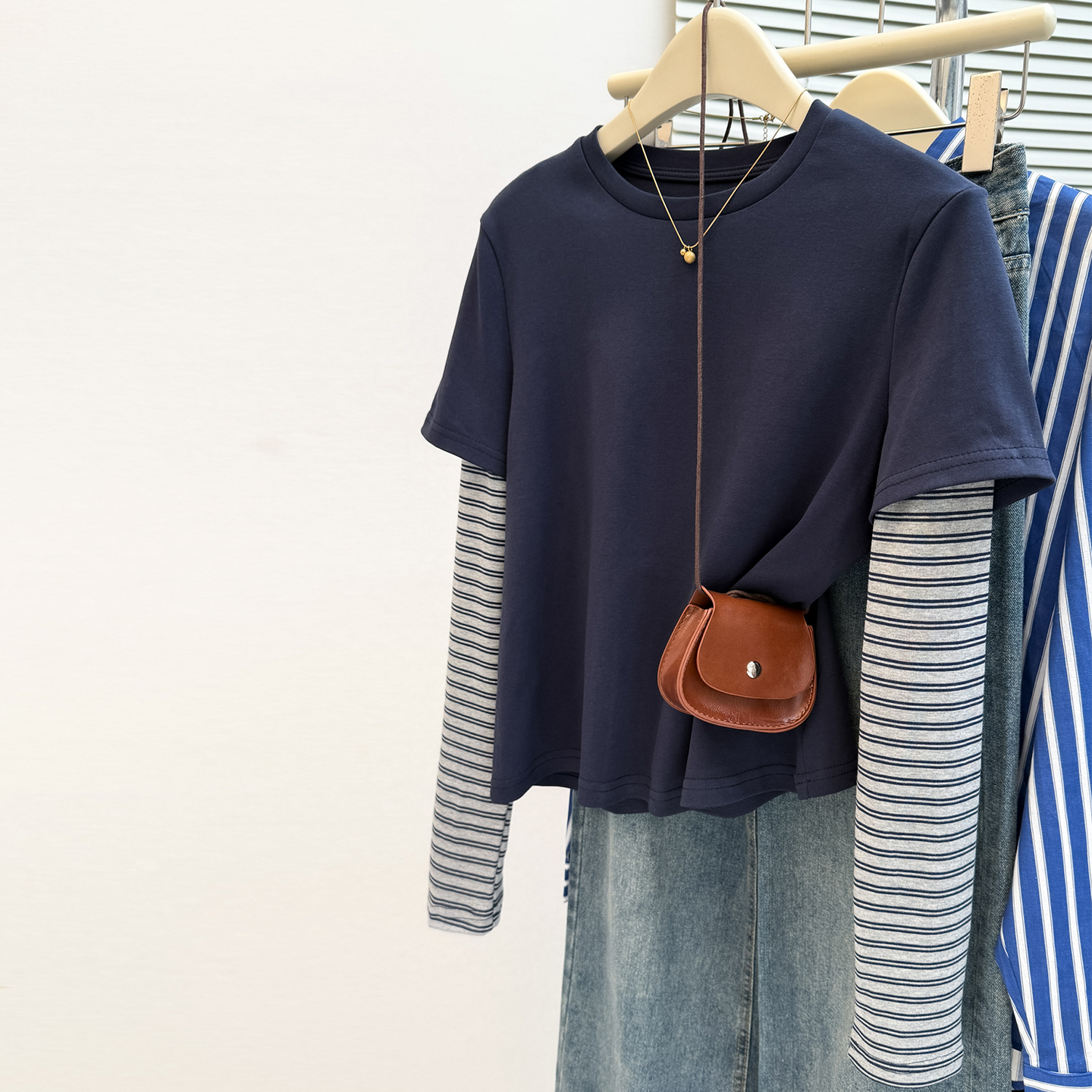 设计感假两件拼接条纹长袖T恤女