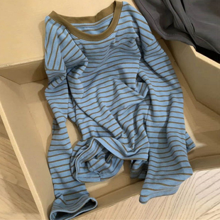 条纹撞色长袖T恤女春秋季宽松韩版内搭打底衫韩系慵懒松弛感上衣