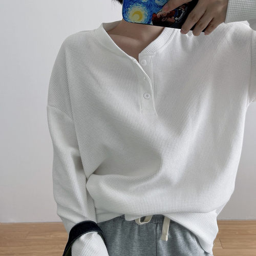 华夫格长袖T恤女春秋薄款闺蜜装