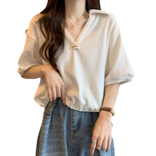POLO领短袖T恤女夏ins潮宽松显瘦洋气减龄小个子短款V领半袖上衣