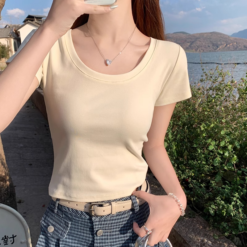韩系chic甜辣正肩U领短袖T恤女夏