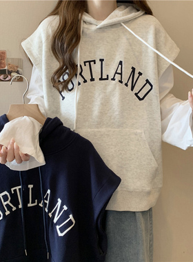 超火cec连帽字母刺绣马甲卫衣女春秋薄款宽松叠穿无袖上衣服潮ins