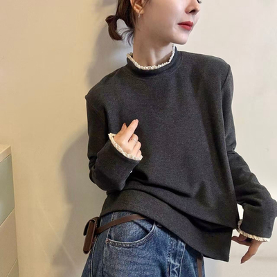蕾丝花边拼接长袖T恤女秋冬德绒