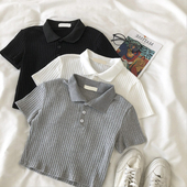 t恤女夏天高腰短款 修身 显瘦半袖 ins超火polo领短袖 上衣坑条打底衫