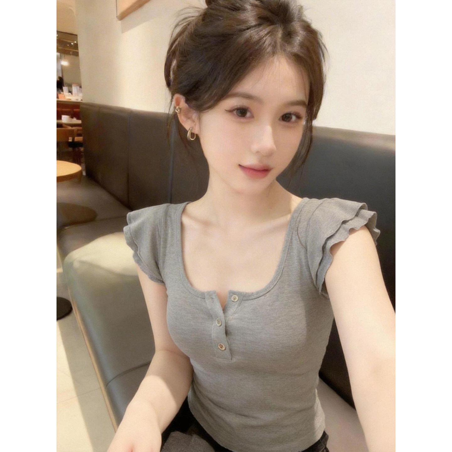 纯欲性感U领小飞袖T恤女夏季修身图片