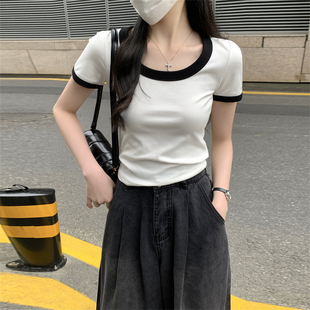 修身 上衣 T恤女夏季 半袖 撞色圆领短袖 内搭短款 打底衫 2025新款 韩版