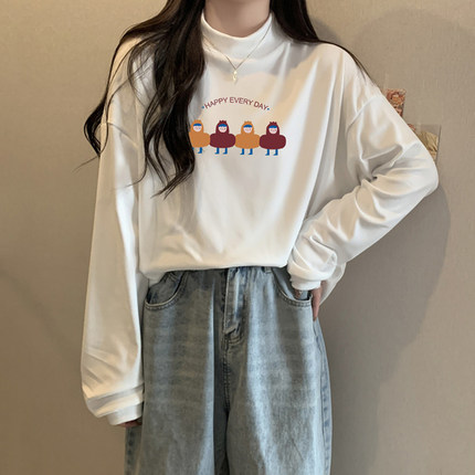 半高领德绒打底衫女秋冬季内搭宽松大码加绒加厚长袖T恤印花上衣