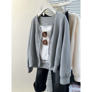 chic港风纽扣开衫 韩版 长袖 薄款 宽松显瘦V领上衣 卫衣女春秋季 法式