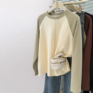 设计感小众刺绣长袖T恤女秋冬宽松韩版内搭打底衫德绒磨毛上衣服