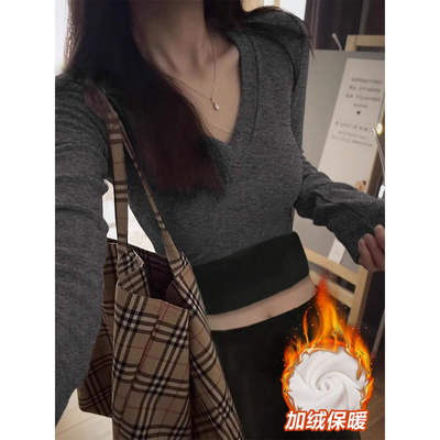 加绒加厚V领打底衫女内搭秋冬