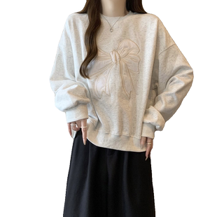 法式复古圆领无帽卫衣女薄款春秋装宽松韩版百搭蝴蝶结刺绣上衣服