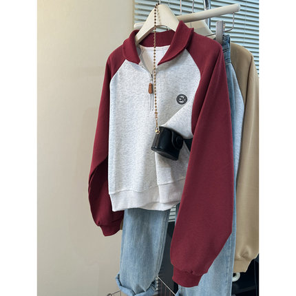 超火cec撞色插肩长袖卫衣女春秋薄款韩版宽松半拉链Polo领上衣潮