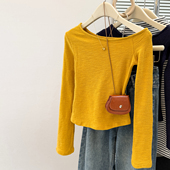 chic甜辣斜领露肩长袖 内搭外穿纯欲上衣 打底衫 T恤女初秋修身 韩版