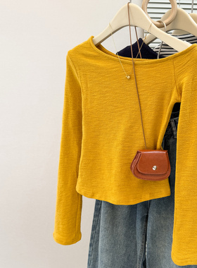 chic甜辣斜领露肩长袖T恤女初秋修身韩版打底衫内搭外穿纯欲上衣