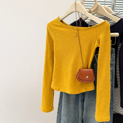 chic甜辣斜领露肩长袖T恤女初秋