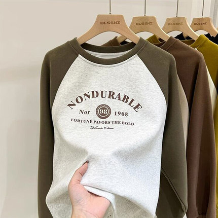 cec超火圆领无帽卫衣女士薄款秋装百搭宽松显瘦撞色插肩袖上衣服