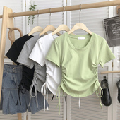 T恤女2026夏季 小个子短款 新款 韩版 上衣 修身 双侧边系带褶皱感短袖