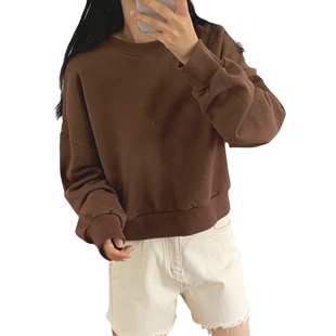 无帽圆领卫衣女春秋季薄款宽松洋气百搭bf慵懒风高腰短款外套上衣