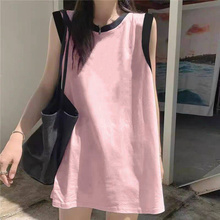 夏季2025新款拼接撞色无袖背心女宽松韩版bf慵懒风纯棉上衣T恤潮