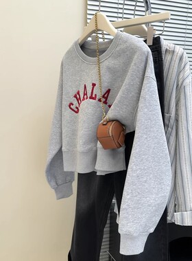 超火cec圆领长袖卫衣女秋冬加绒加厚宽松韩版小个子短款刺绣上衣