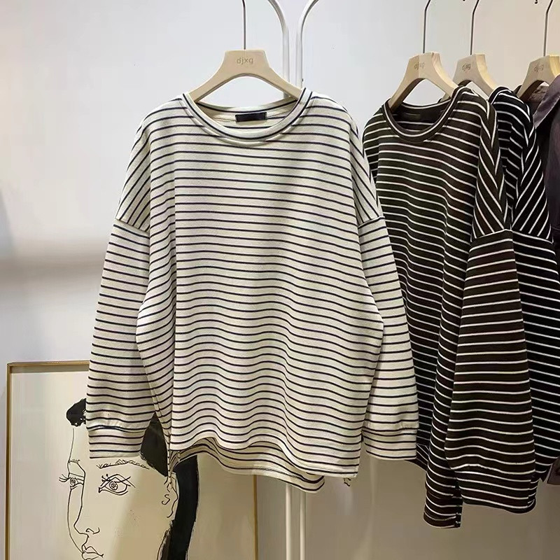chic复古港味条纹圆领卫衣女春秋季薄款韩版宽松大码慵懒上衣T恤,女装/女士精品,卫衣/绒衫,淘宝优惠券,粉丝福利购,淘宝优惠卷