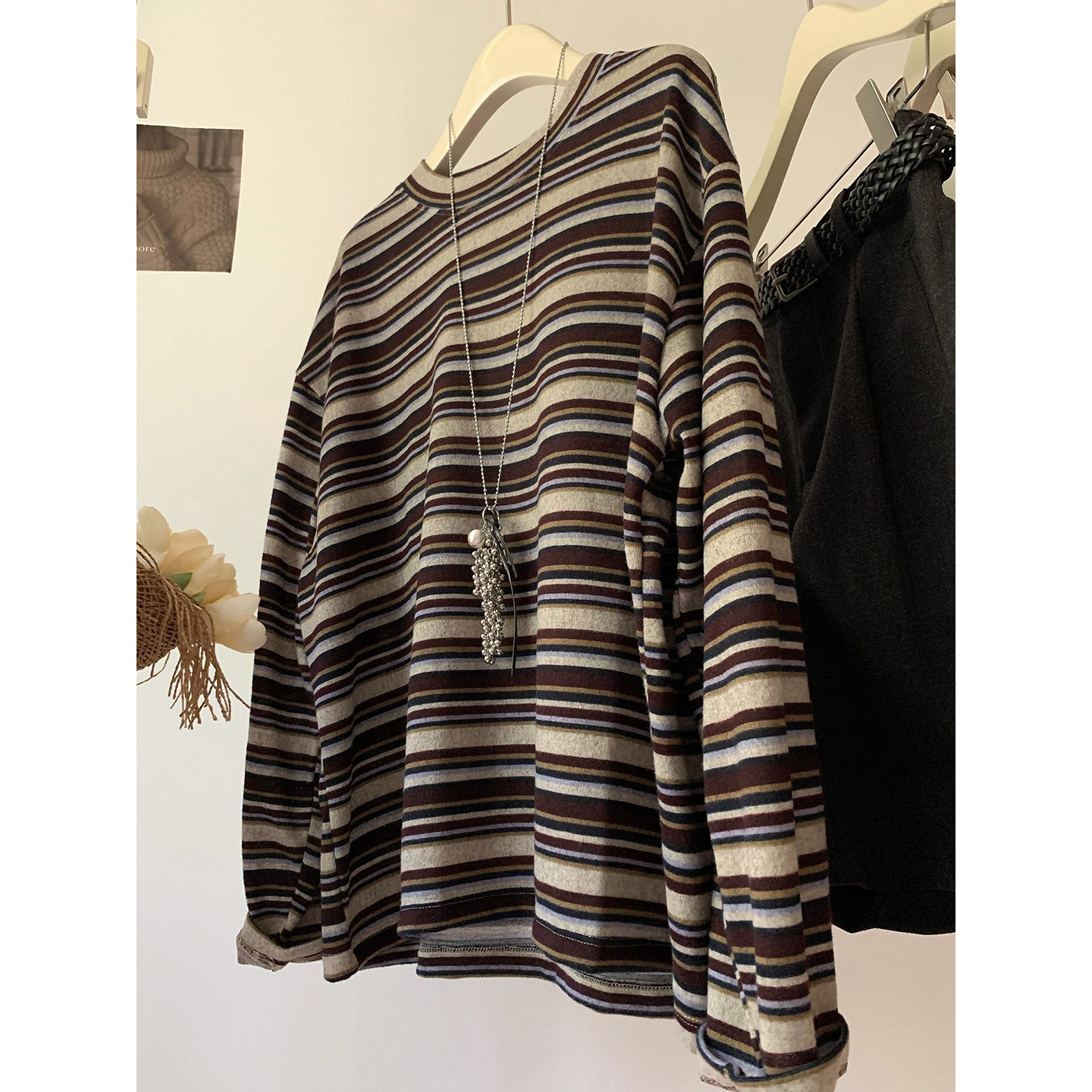 韩系慵懒风撞色条纹长袖T恤女