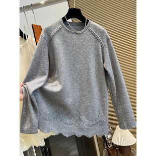 重工蕾丝拼接下摆长袖T恤女秋冬韩版宽松内搭外穿打底衫德绒上衣
