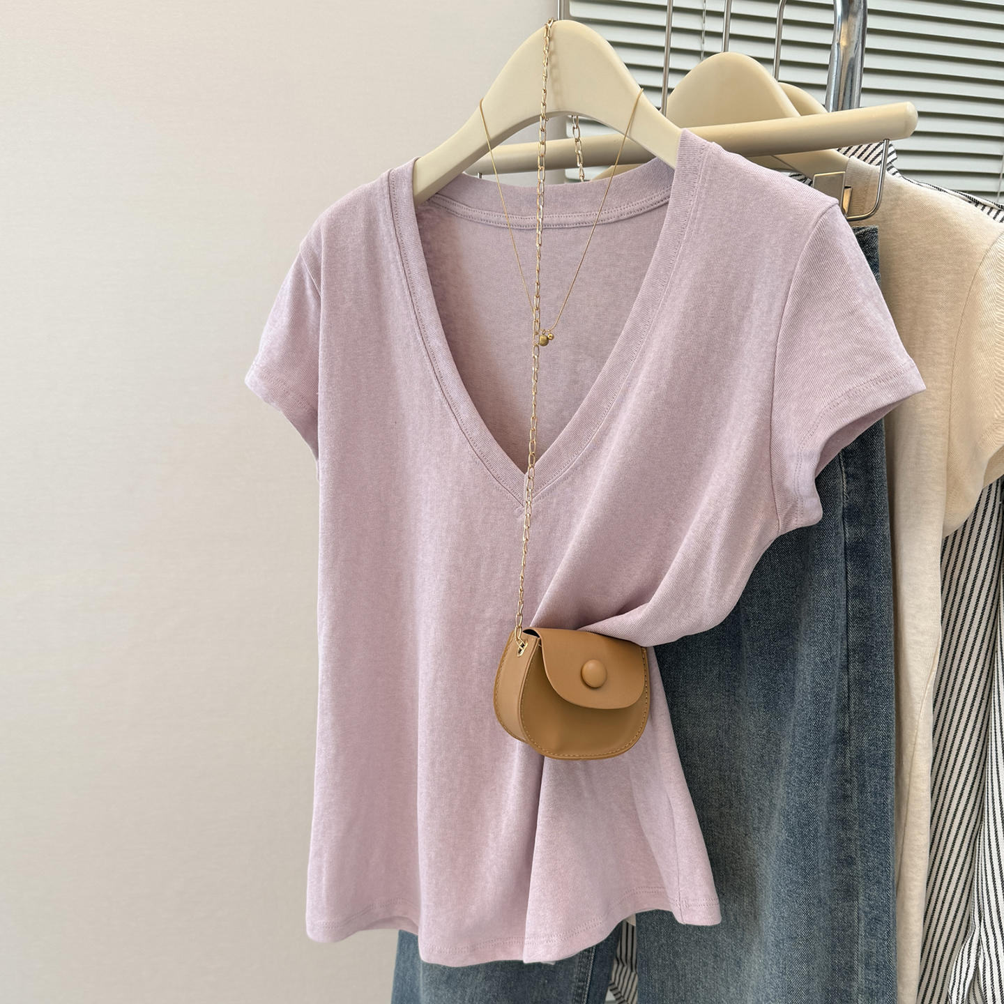 雪花棉V领大领口短袖T恤女夏季