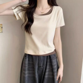 甜辣妹假两件短款 方领正肩T恤短袖 纯棉打底小衫 修身 上衣潮 女夏季