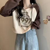 连帽卫衣女秋季 韩版 宽松显瘦辣妹短款 撞色插肩袖 小个子薄款 上衣潮