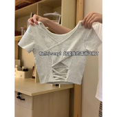 正肩短款 设计感小众辣妹后背镂空上衣潮ins 韩版 短袖 T恤女夏天修身