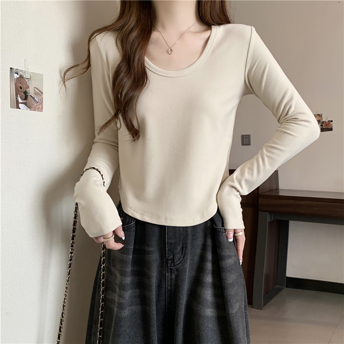 德绒磨毛正肩U领长袖T恤女秋冬