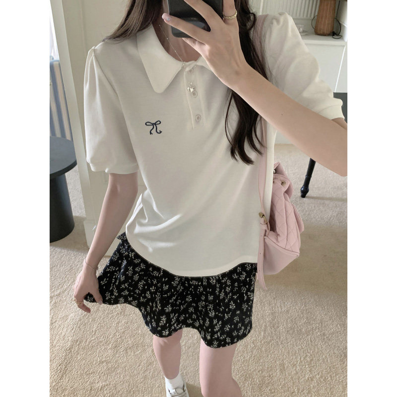 娃娃领蝴蝶结刺绣短袖T恤女夏季