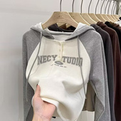 ins超火撞色拼接长袖 T恤女初秋宽松显瘦洋气减龄插肩袖 连帽上衣服