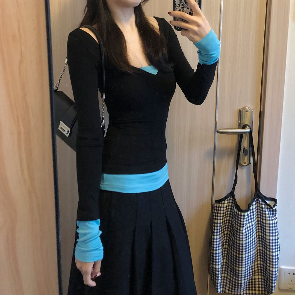 韩系甜辣妹假两件长袖T恤女春秋