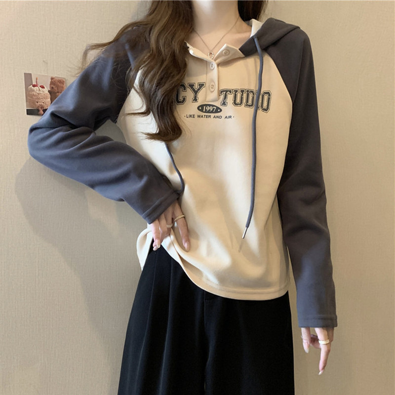 拼接撞色插肩连帽长袖T恤女宽松